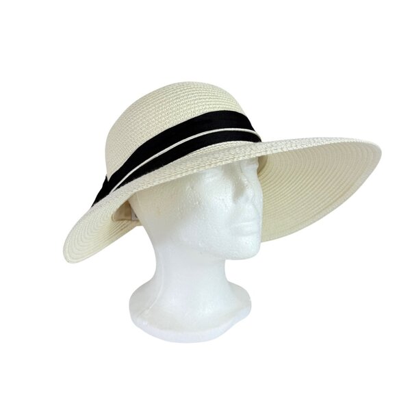 Royal Beige Straw Sun Hat Ponytail Notch Black Bow Beach Cruise Life Fashion - Picture 2 of 11
